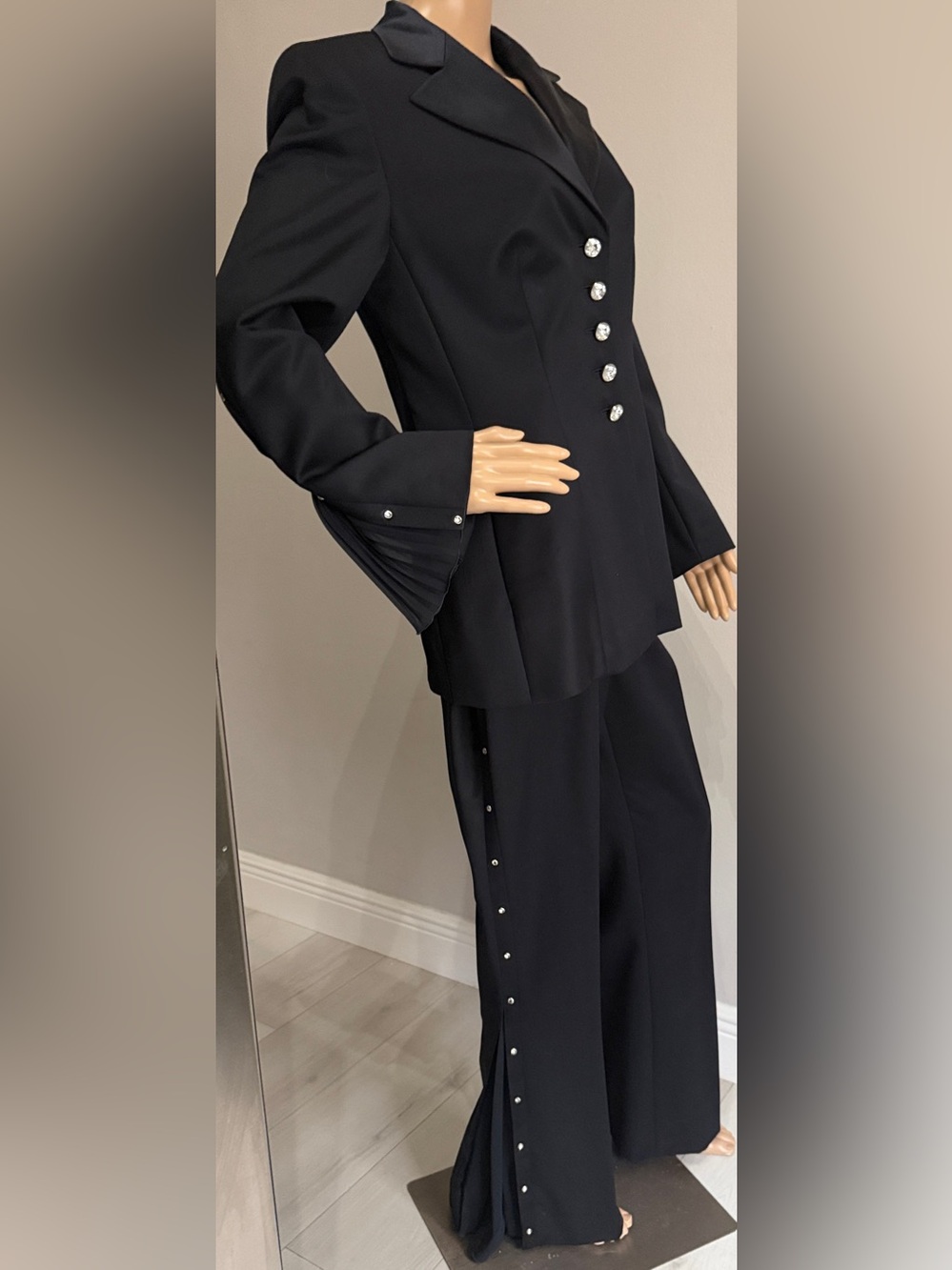 Escada Couture Black Crystal 5 Button Blazer Pant Suit Chiffon Detail. Stunning!